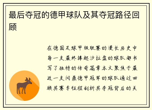 最后夺冠的德甲球队及其夺冠路径回顾