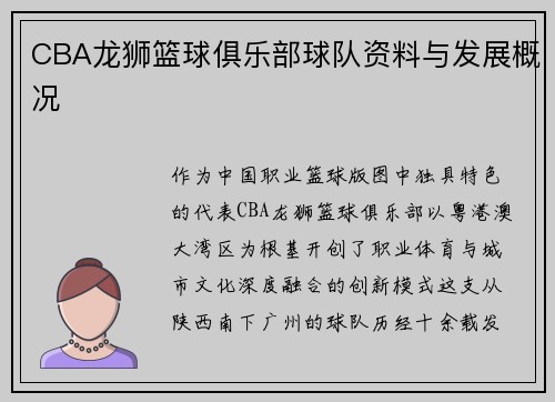 CBA龙狮篮球俱乐部球队资料与发展概况