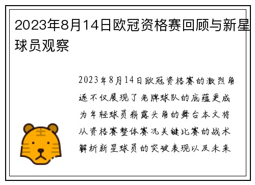2023年8月14日欧冠资格赛回顾与新星球员观察