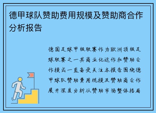 德甲球队赞助费用规模及赞助商合作分析报告