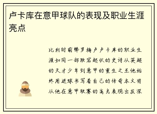 卢卡库在意甲球队的表现及职业生涯亮点